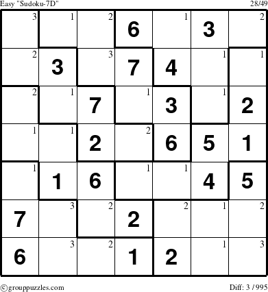 The grouppuzzles.com Easy Sudoku-7D puzzle for  with the first 3 steps marked