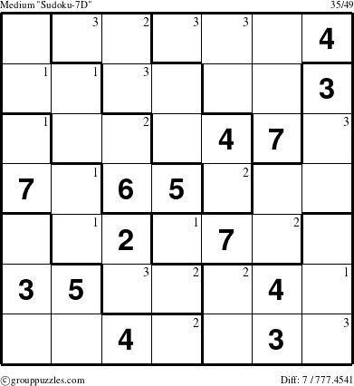 The grouppuzzles.com Medium Sudoku-7D puzzle for  with the first 3 steps marked