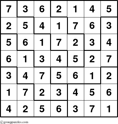 The grouppuzzles.com Answer grid for the Sudoku-7D puzzle for 