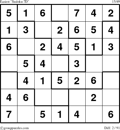 The grouppuzzles.com Easiest Sudoku-7D puzzle for 