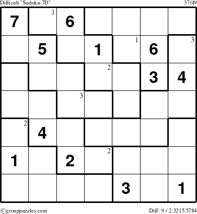 The grouppuzzles.com Difficult Sudoku-7D puzzle for  with the first 3 steps marked