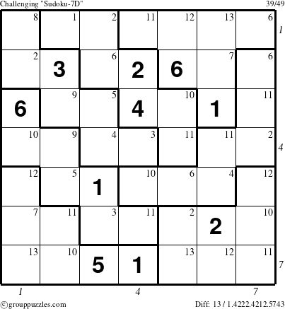 The grouppuzzles.com Challenging Sudoku-7D puzzle for  with all 13 steps marked