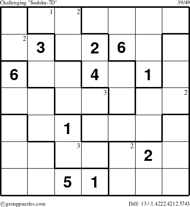 The grouppuzzles.com Challenging Sudoku-7D puzzle for  with the first 3 steps marked