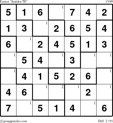 The grouppuzzles.com Easiest Sudoku-7D puzzle for  with the first 2 steps marked