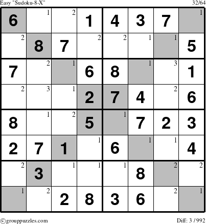 The grouppuzzles.com Easy Sudoku-8-X puzzle for  with the first 3 steps marked