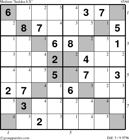 The grouppuzzles.com Medium Sudoku-8-X puzzle for  with all 5 steps marked