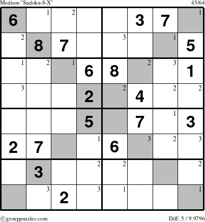 The grouppuzzles.com Medium Sudoku-8-X puzzle for  with the first 3 steps marked