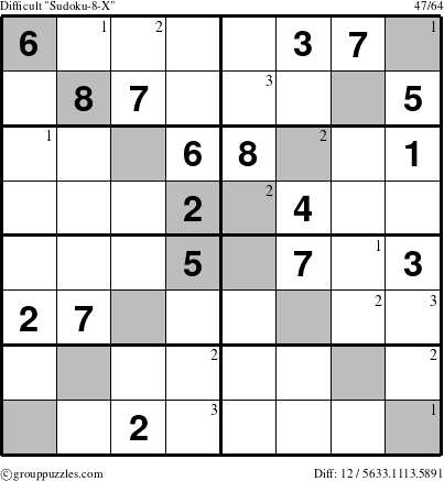The grouppuzzles.com Difficult Sudoku-8-X puzzle for  with the first 3 steps marked