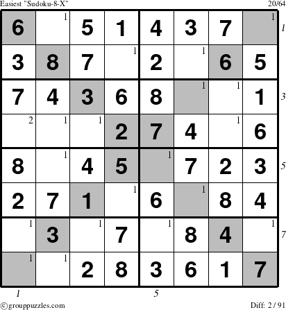 The grouppuzzles.com Easiest Sudoku-8-X puzzle for  with all 2 steps marked