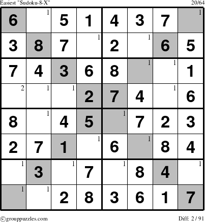 The grouppuzzles.com Easiest Sudoku-8-X puzzle for  with the first 2 steps marked