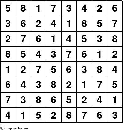 The grouppuzzles.com Answer grid for the Sudoku-8 puzzle for 
