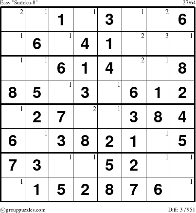 The grouppuzzles.com Easy Sudoku-8 puzzle for  with the first 3 steps marked