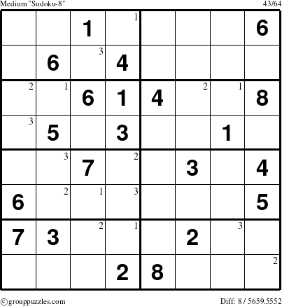 The grouppuzzles.com Medium Sudoku-8 puzzle for  with the first 3 steps marked