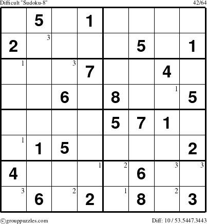 The grouppuzzles.com Difficult Sudoku-8 puzzle for  with the first 3 steps marked
