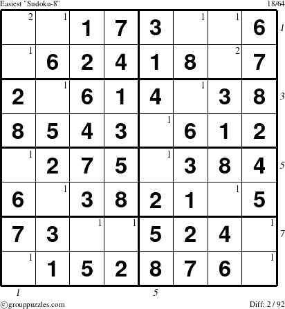 The grouppuzzles.com Easiest Sudoku-8 puzzle for  with all 2 steps marked