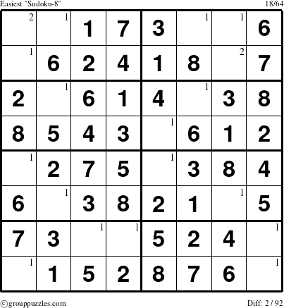 The grouppuzzles.com Easiest Sudoku-8 puzzle for  with the first 2 steps marked