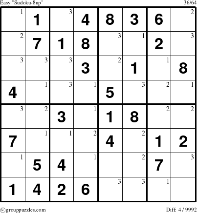 The grouppuzzles.com Easy Sudoku-8up puzzle for  with the first 3 steps marked