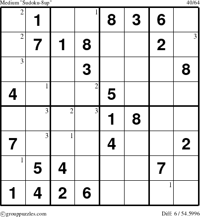 The grouppuzzles.com Medium Sudoku-8up puzzle for  with the first 3 steps marked