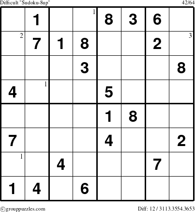 The grouppuzzles.com Difficult Sudoku-8up puzzle for  with the first 3 steps marked