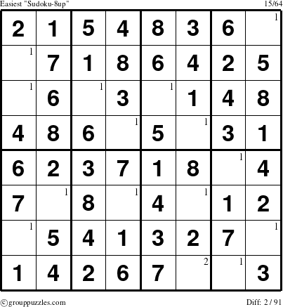 The grouppuzzles.com Easiest Sudoku-8up puzzle for  with the first 2 steps marked