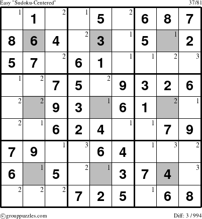 The grouppuzzles.com Easy Sudoku-Centered puzzle for  with the first 3 steps marked