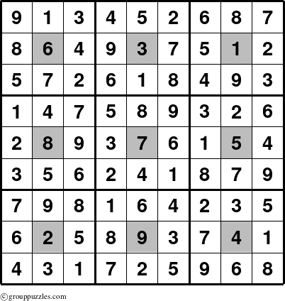 The grouppuzzles.com Answer grid for the Sudoku-Centered puzzle for 