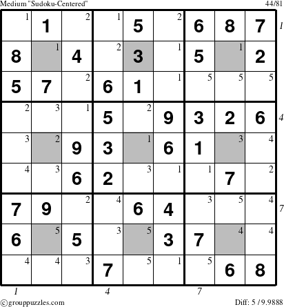 The grouppuzzles.com Medium Sudoku-Centered puzzle for  with all 5 steps marked
