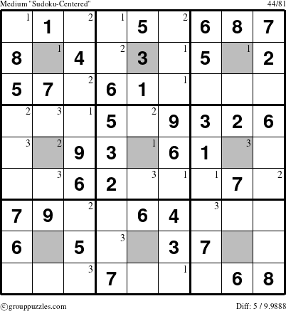 The grouppuzzles.com Medium Sudoku-Centered puzzle for  with the first 3 steps marked