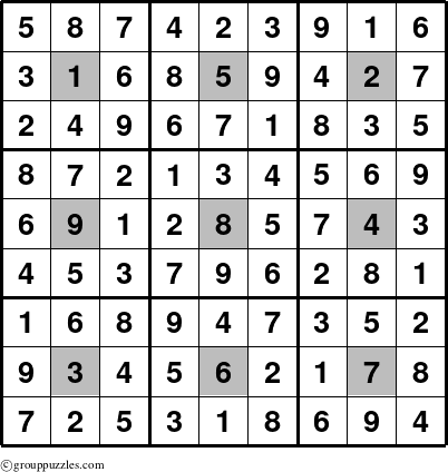 The grouppuzzles.com Answer grid for the Sudoku-Centered puzzle for 