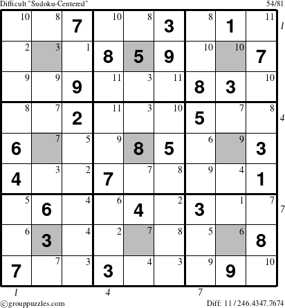 The grouppuzzles.com Difficult Sudoku-Centered puzzle for  with all 11 steps marked