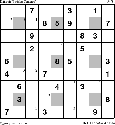The grouppuzzles.com Difficult Sudoku-Centered puzzle for  with the first 3 steps marked