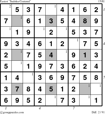 The grouppuzzles.com Easiest Sudoku-Centered puzzle for  with all 2 steps marked