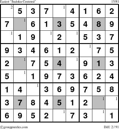 The grouppuzzles.com Easiest Sudoku-Centered puzzle for  with the first 2 steps marked