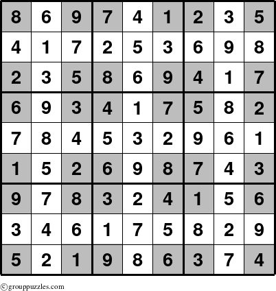 The grouppuzzles.com Answer grid for the Sudoku-Cornered puzzle for 