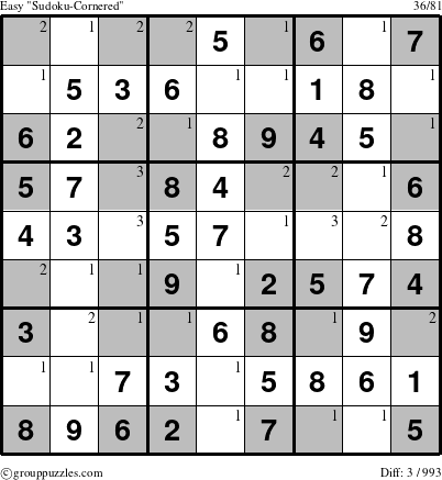 The grouppuzzles.com Easy Sudoku-Cornered puzzle for  with the first 3 steps marked