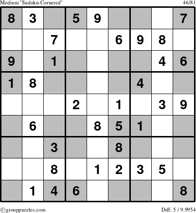 The grouppuzzles.com Medium Sudoku-Cornered puzzle for 