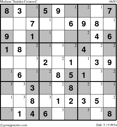 The grouppuzzles.com Medium Sudoku-Cornered puzzle for  with the first 3 steps marked