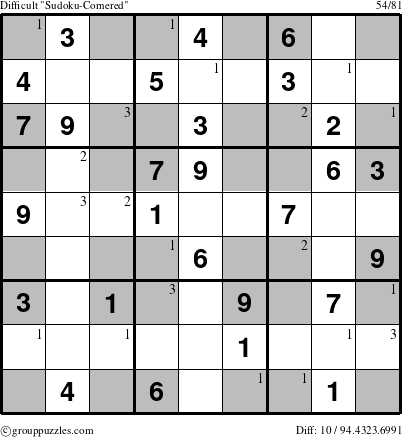The grouppuzzles.com Difficult Sudoku-Cornered puzzle for  with the first 3 steps marked