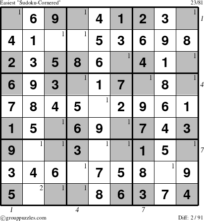 The grouppuzzles.com Easiest Sudoku-Cornered puzzle for  with all 2 steps marked