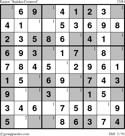 The grouppuzzles.com Easiest Sudoku-Cornered puzzle for  with the first 2 steps marked