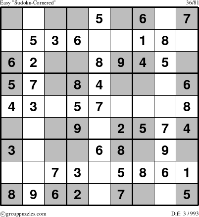 The grouppuzzles.com Easy Sudoku-Cornered puzzle for 
