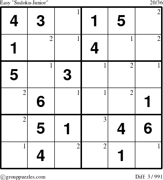 The grouppuzzles.com Easy Sudoku-Junior puzzle for  with the first 3 steps marked
