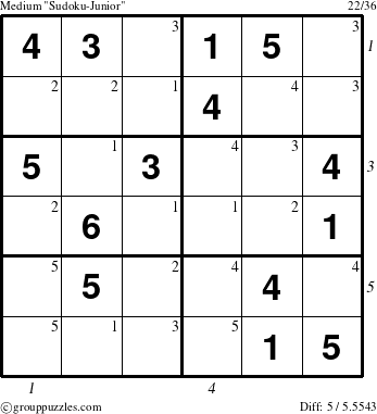 The grouppuzzles.com Medium Sudoku-Junior puzzle for  with all 5 steps marked