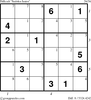 The grouppuzzles.com Difficult Sudoku-Junior puzzle for  with all 8 steps marked