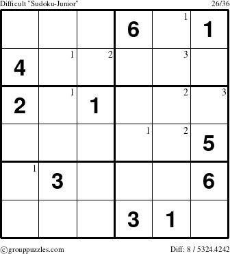 The grouppuzzles.com Difficult Sudoku-Junior puzzle for  with the first 3 steps marked