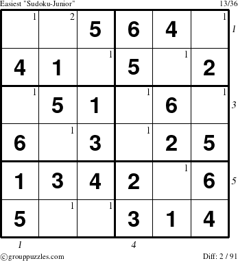 The grouppuzzles.com Easiest Sudoku-Junior puzzle for  with all 2 steps marked