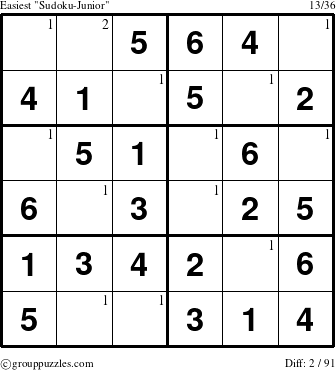 The grouppuzzles.com Easiest Sudoku-Junior puzzle for  with the first 2 steps marked