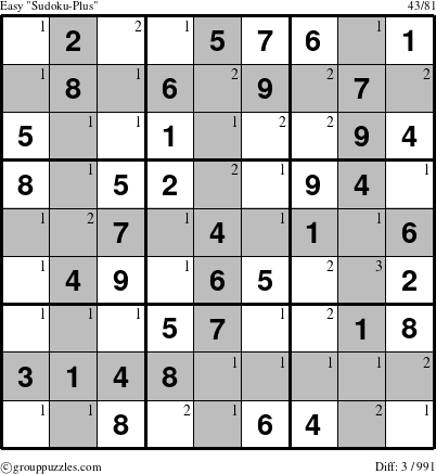 The grouppuzzles.com Easy Sudoku-Plus puzzle for  with the first 3 steps marked