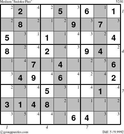 The grouppuzzles.com Medium Sudoku-Plus puzzle for  with all 5 steps marked