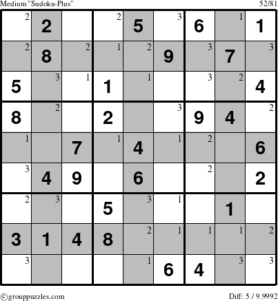 The grouppuzzles.com Medium Sudoku-Plus puzzle for  with the first 3 steps marked
